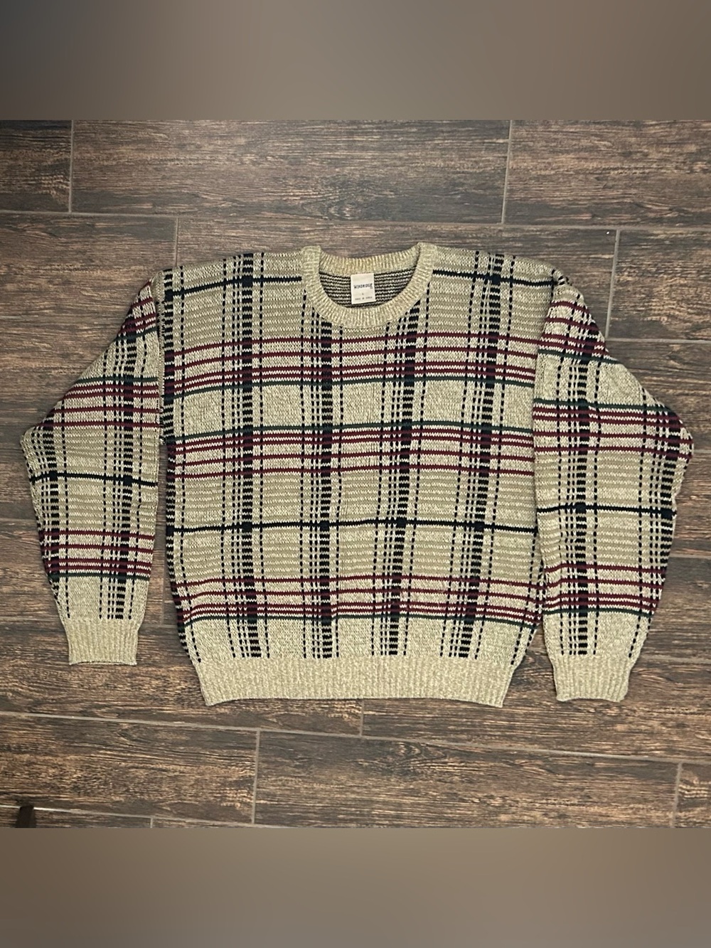 Vintage Windridge Plaid Knit Sweater | Cream Plaid Grandpa Sweater Size Large